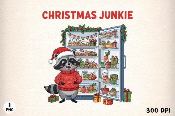 Christmas Junkie Raccoon Fridge T-Shirt Designs