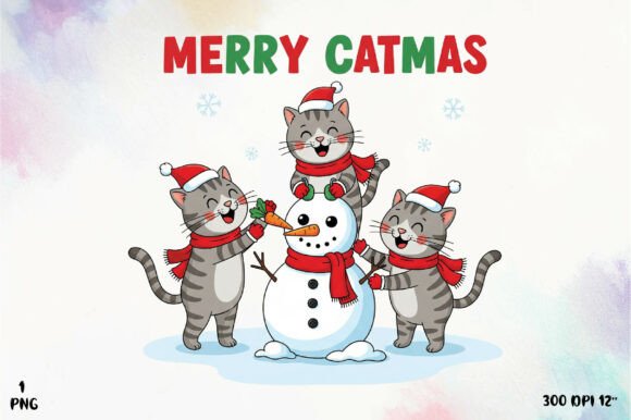 Cute Christmas Cats with Snowman Png for T-Shirt Designs