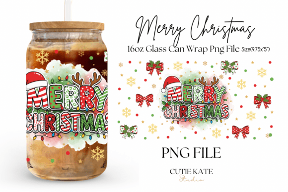 Merry Christmas Bow Glass Can Wrap PNG for Crafts