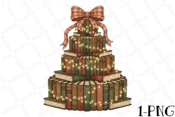Retro Christmas Book Tree PNG for T-Shirt Designs