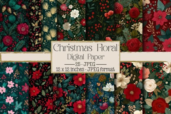 Seamless Christmas Floral Digital Paper for Backgrounds